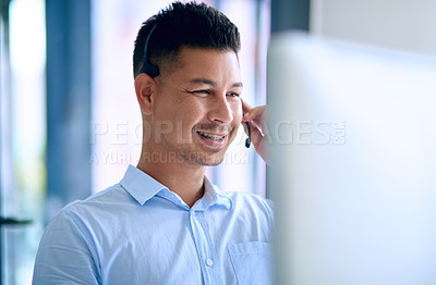 Buy stock photo Call center, man and headset with computer, customer service and smile for telemarketing, sales and help. Company, agent and corporate with internet, consulting and technology for communication