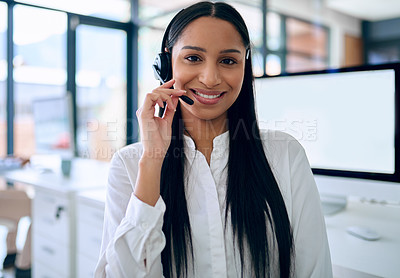 Buy stock photo Indian woman, portrait and headset for telemarketing at call centre with computer screen, mockup or customer support. Female person, face and office for crm solution or tech advisor, contact or sales