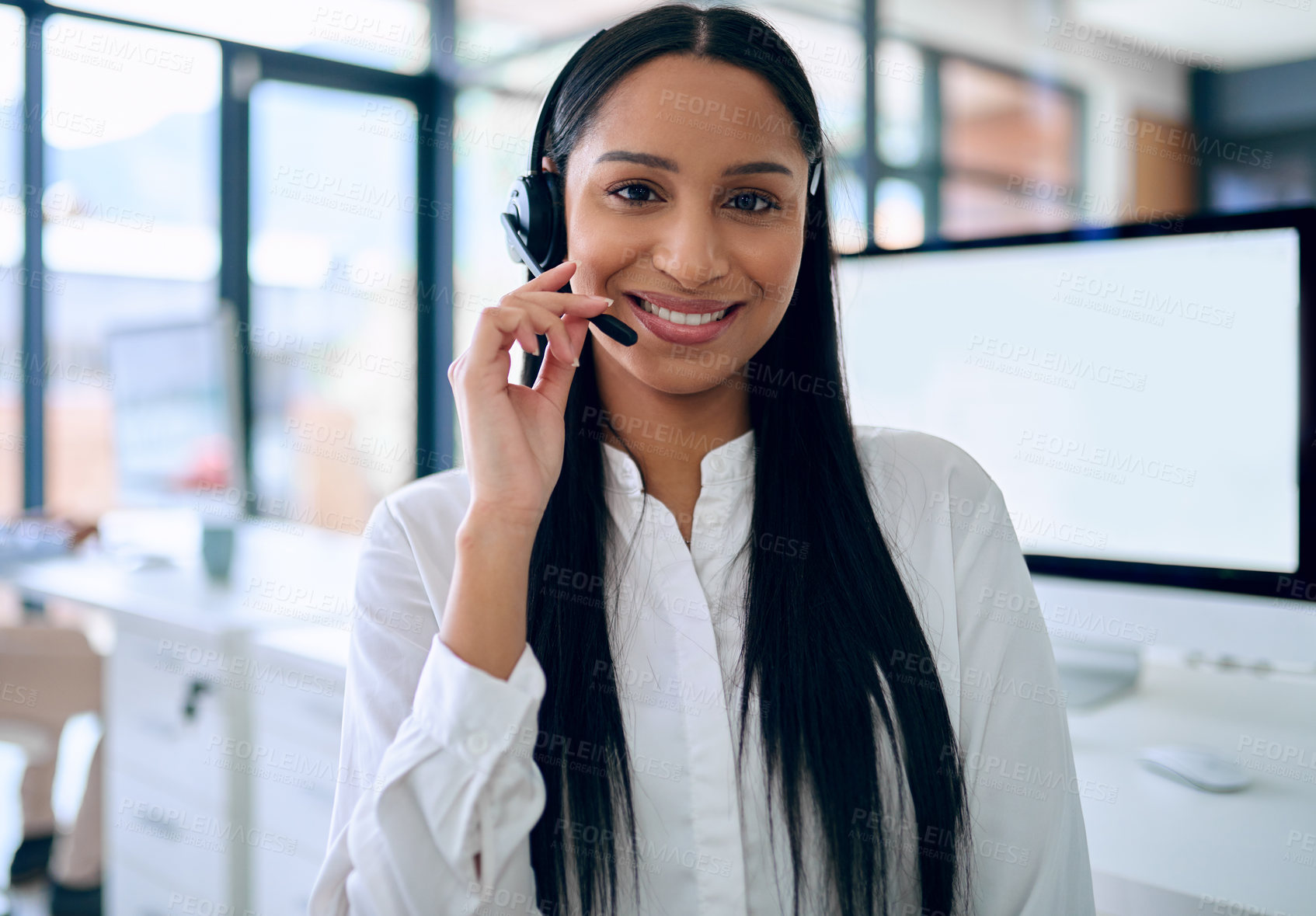 Buy stock photo Indian woman, portrait and headset for telemarketing at call centre with computer screen, mockup or customer support. Female person, face and office for crm solution or tech advisor, contact or sales