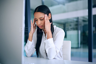 Buy stock photo Business, woman and headache with stress, burnout and overworked with depression, fail or mistake. Person, employee or consultant with computer, migraine or mental health with anxiety, pain or crisis