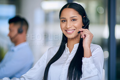 Buy stock photo Woman, portrait and callcenter with headset and microphone for telecom, communication and contact us. Happy working at telemarketing agency, sales and CRM for phone call, customer service and support