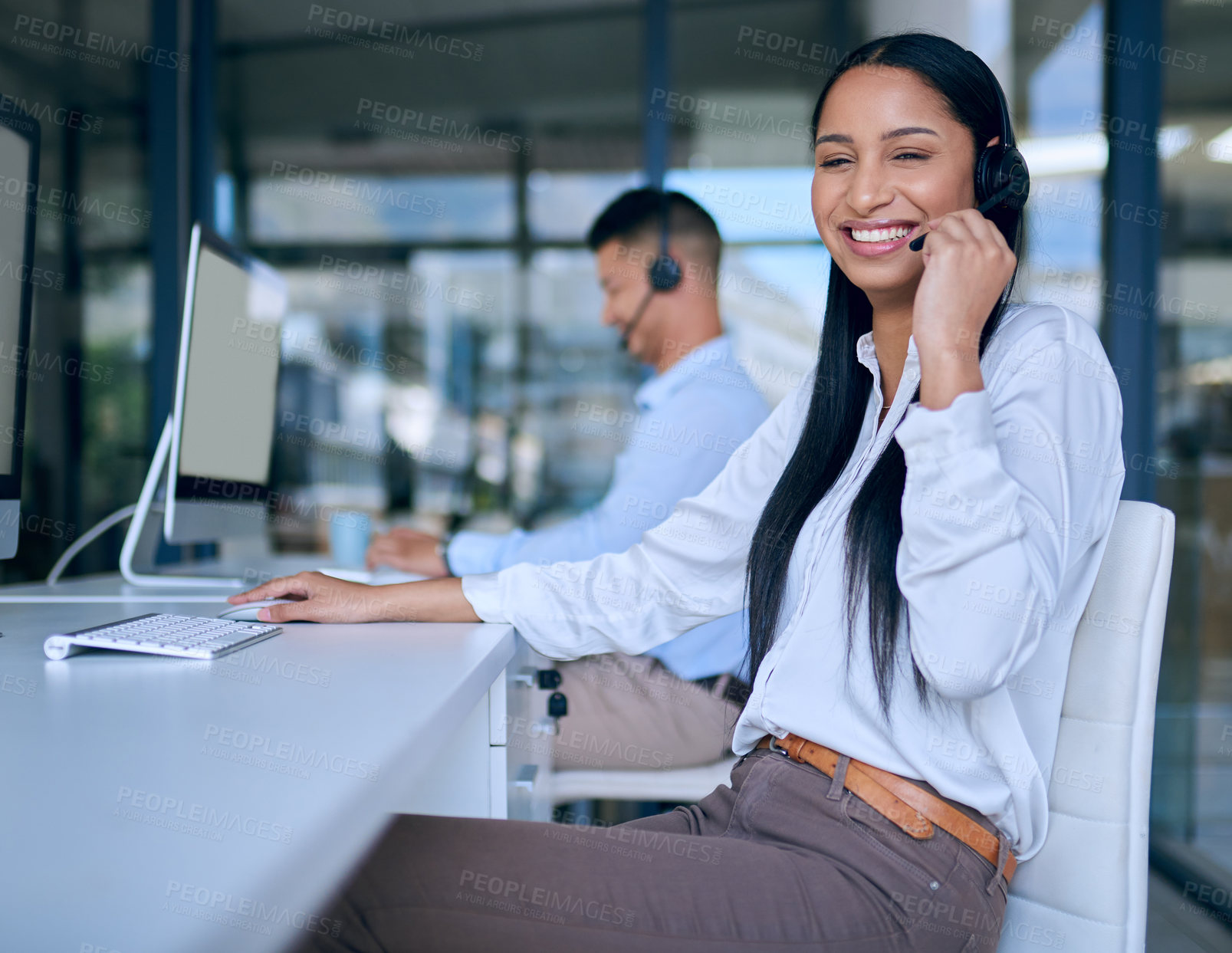 Buy stock photo Indian woman, portrait and headset for customer service at call centre or computer, consultant or telemarketing. Female person, face and office for crm solution or tech advisor, contact us or help