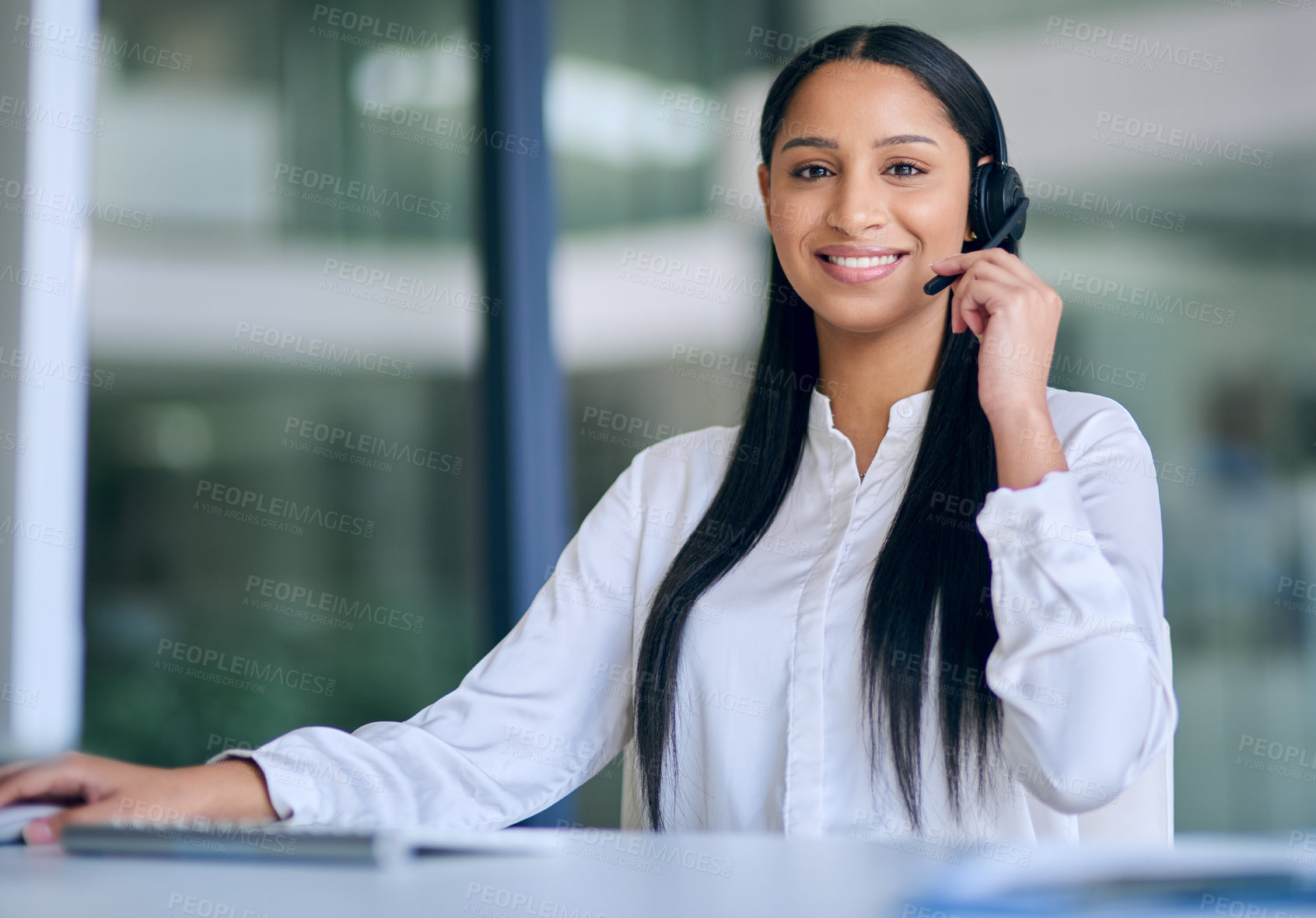 Buy stock photo Woman, portrait and call center with headphones and mic for telecom, communication and contact us. Happy working at telemarketing agency, sales and CRM for chat, customer service agent and support