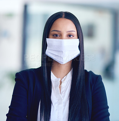 Buy stock photo Portrait, business and woman with mask, office and safety with company regulations, compliance policy and professional. Face cover, person and employee with corona virus, protection and flu season