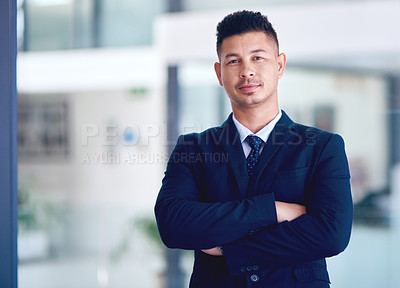 Buy stock photo Business man, office portrait and arms crossed with company vision, management and motivation. Success, male employee and professional lawyer in a law firm with corporate job pride and confidence