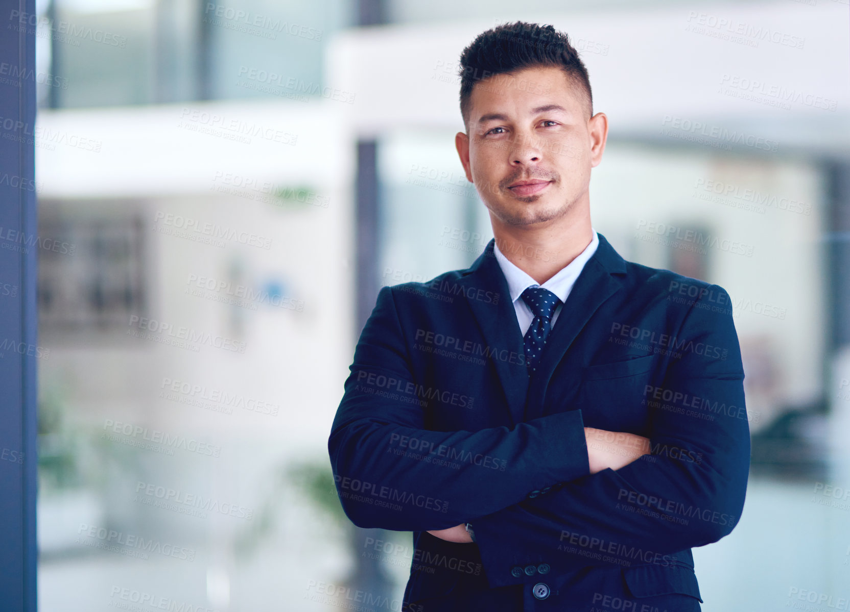 Buy stock photo Business man, office portrait and arms crossed with company vision, management and motivation. Success, male employee and professional lawyer in a law firm with corporate job pride and confidence