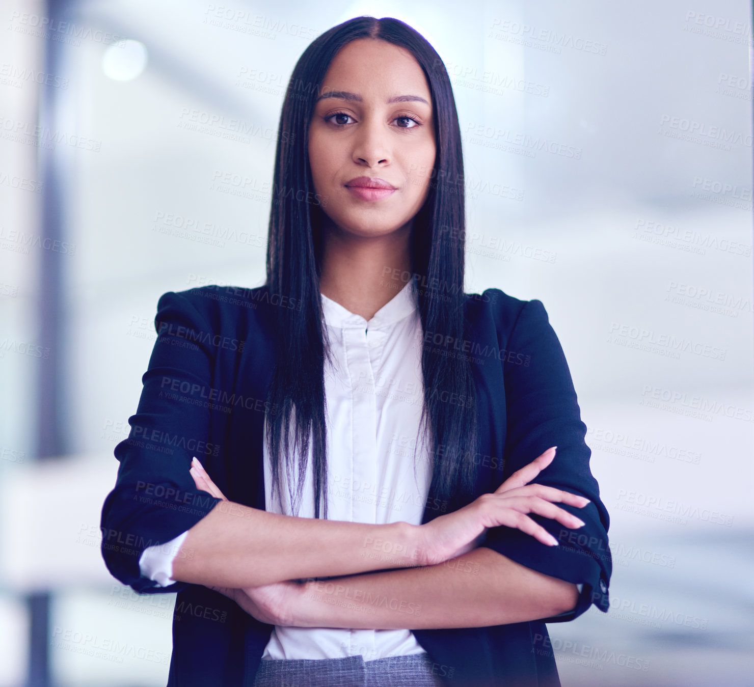 Buy stock photo Business woman, portrait and arms crossed with company vision, management and motivation. Success, young female employee and professional lawyer in a law firm at office with job pride and confidence