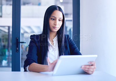 Buy stock photo Business, woman or tablet with typing, internet or website info for stock market, investment or accounting. Person, accountant or economist with tech, connection or digital app with research or email