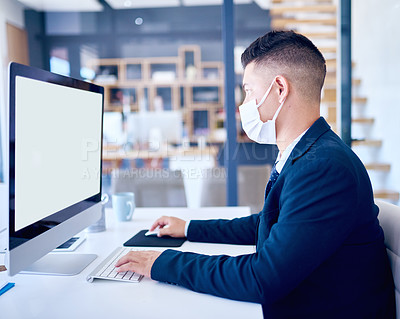 Buy stock photo Computer screen, mockup and man in office with face mask for safety, protection and covid compliance. Business, ppe for allergy or cold with online consultant at desk on website for research project