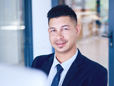 Buy stock photo Business man, portrait and lawyer in office, smile and proud of career opportunity or startup. Attorney, male person and confident in workplace, entrepreneur and employee in law firm by computer