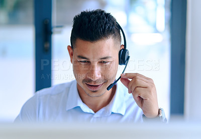 Buy stock photo Call center, man and headset for business, customer service and smile for telemarketing, sales and help. Company, agent and corporate with internet, consulting and technology for communication
