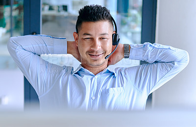 Buy stock photo Hands behind head, call center and headset with computer, relax and smile for telemarketing, customer service. Company, agent and communication with internet, consulting and stretching for job done