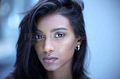 Buy stock photo Portrait, Indian woman and beauty in studio background for makeup, cosmetics or skincare. Female person, dermatology and facial treatment with confident glow for haircare, self care and grooming