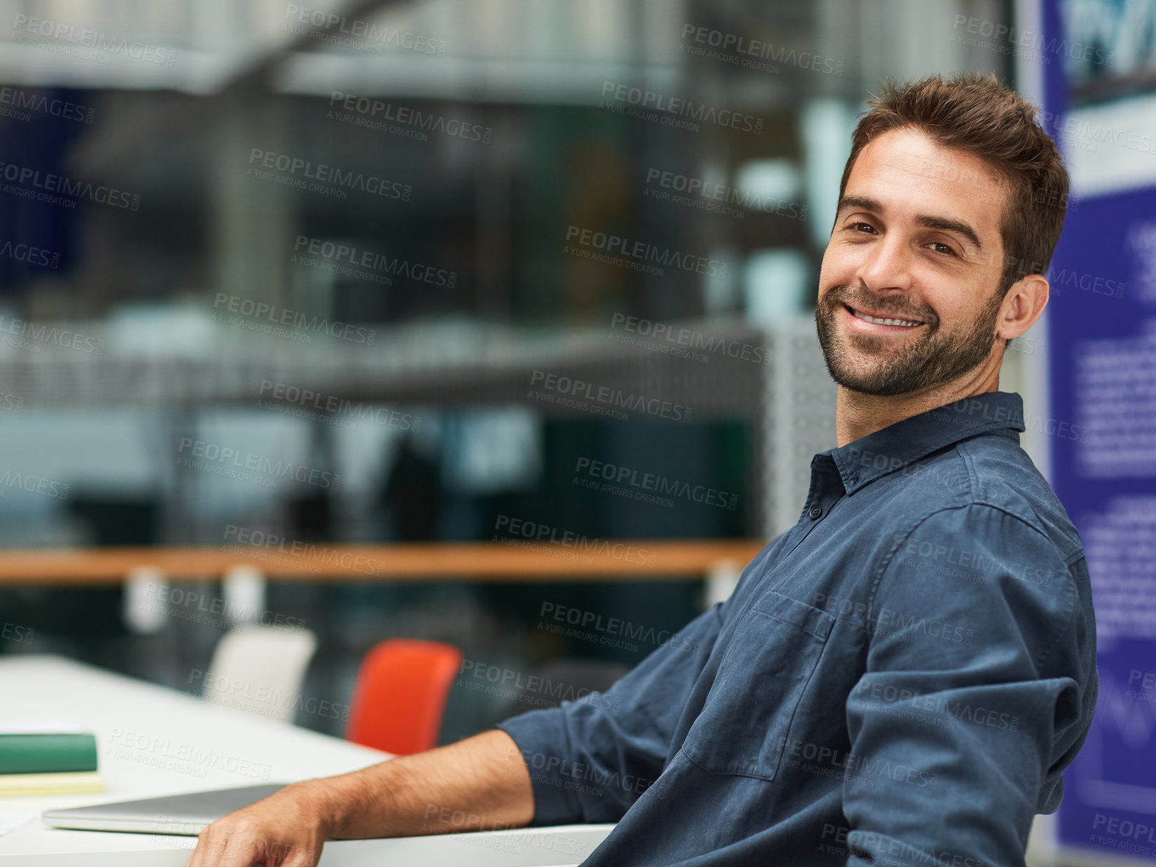 Buy stock photo Portrait, creative agency and man in office, smile and career ambition for development. Happy person, journalist and professional in workplace, confidence and pride for publication industry and relax