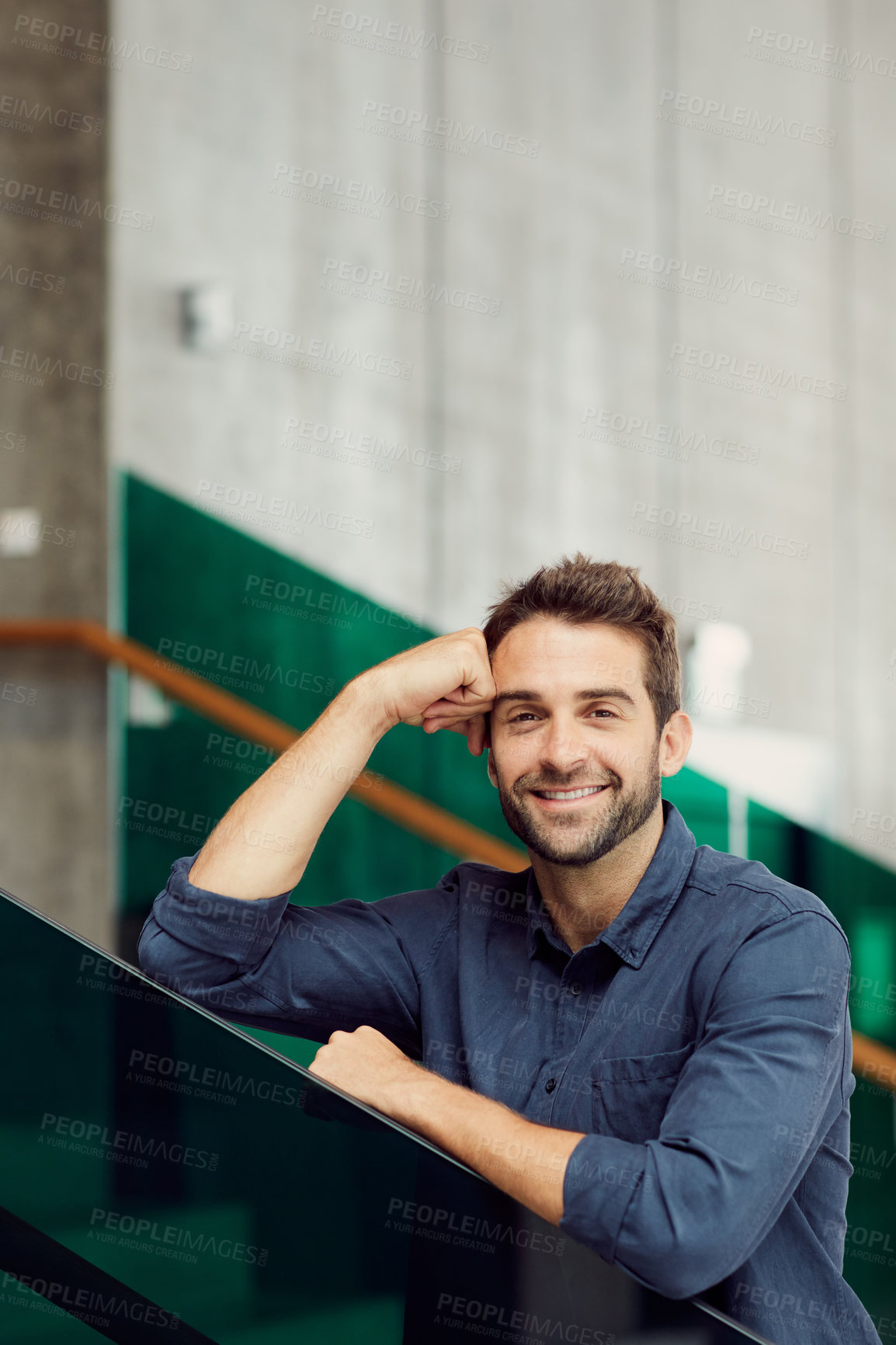 Buy stock photo Portrait, businessman and with smile in lobby for about us, career pride or accountant seminar. Happy, male person and proud with opportunity, ambition and finance consultant at conference or event
