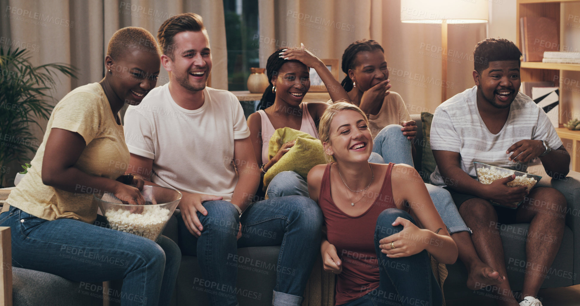 Buy stock photo Movie, friends and diversity watch comedy at home for entertainment and relaxing in the lounge. Young, adults and watch funny film together on a couch to relax or have fun on a weekend at the house.