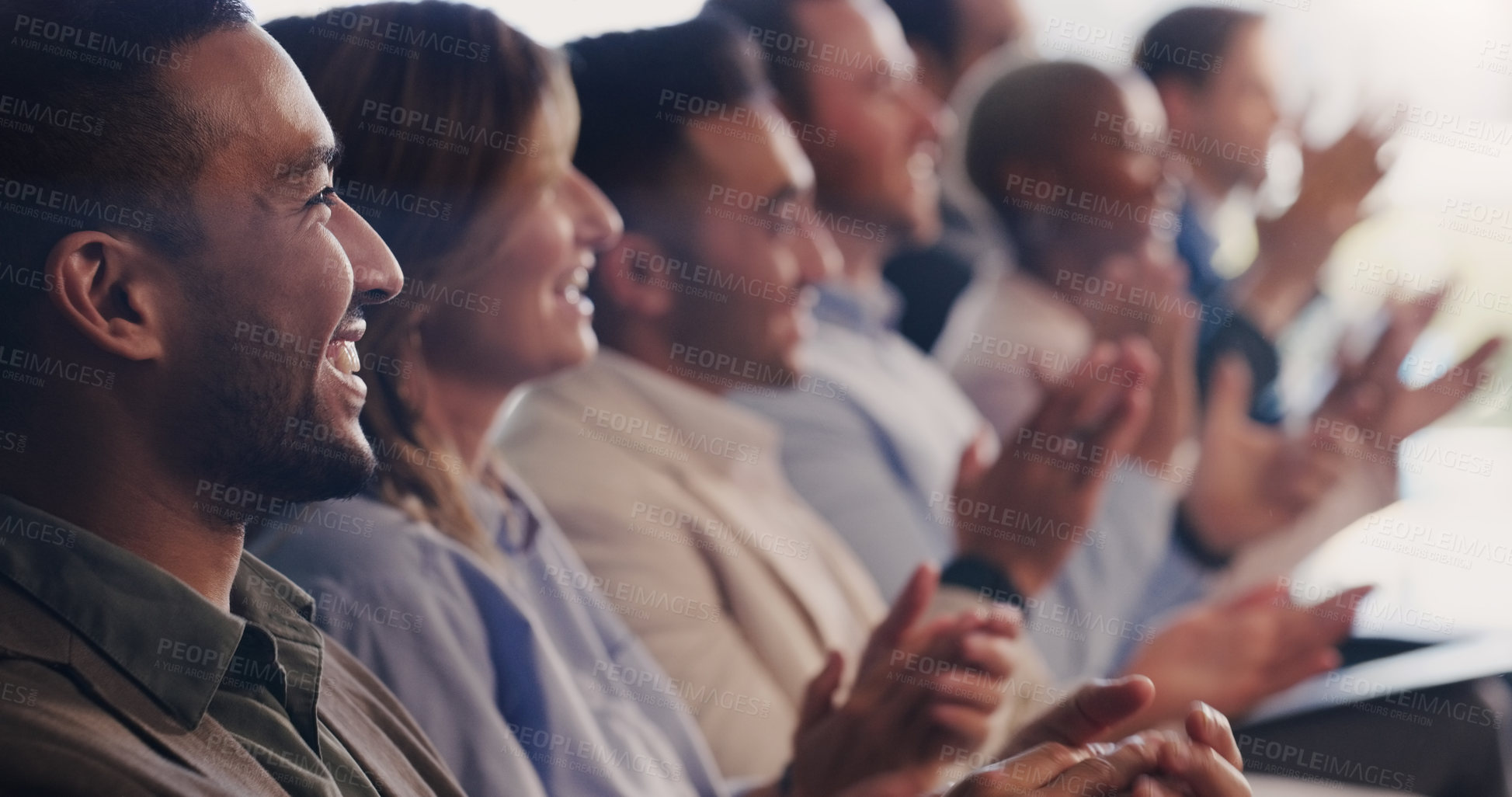 Buy stock photo Audience, conference and business people clapping hands at a seminar, workshop or training. Diversity men and women crowd applause and celebrate at a presentation for goals, knowledge and success 