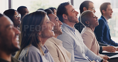 Buy stock photo Business people, conference and happy audience laughing at a seminar, workshop or training. Diversity men and women crowd at a presentation for learning, knowledge and funny corporate discussion 