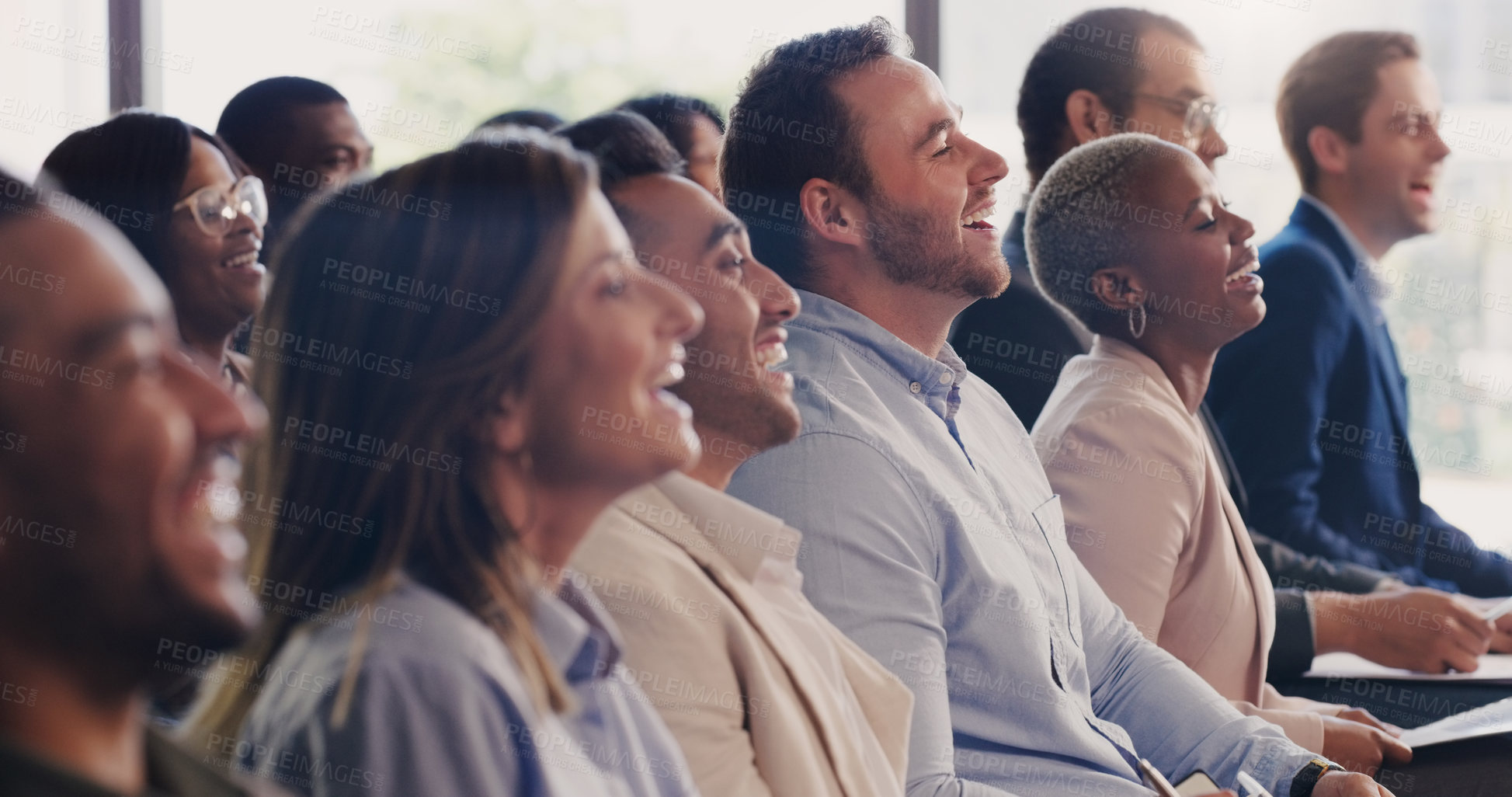 Buy stock photo Business people, conference and happy audience laughing at a seminar, workshop or training. Diversity men and women crowd at a presentation for learning, knowledge and funny corporate discussion 