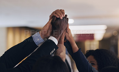 Buy stock photo High five, hands and business people celebrate teamwork, project collaboration or company success. Team building meeting, corporate community and excited group celebration for workforce achievement