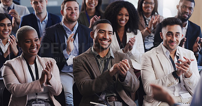 Buy stock photo Business people, conference and audience clapping hands at a seminar, workshop or training. Diversity men and women crowd applause at conference or convention for corporate success, bonus or growth 