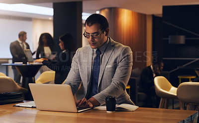 Buy stock photo Laptop, corporate lobby and business man review economy report, online analysis or typing web feedback. Night reading, coworking and finance person doing research, computer search and financial work