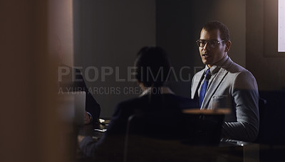 Buy stock photo Dark boardroom meeting, team and corporate man, leader or law firm CEO speaking to business director group. Teamwork collaboration, communication and professional lawyer cooperation on legal report