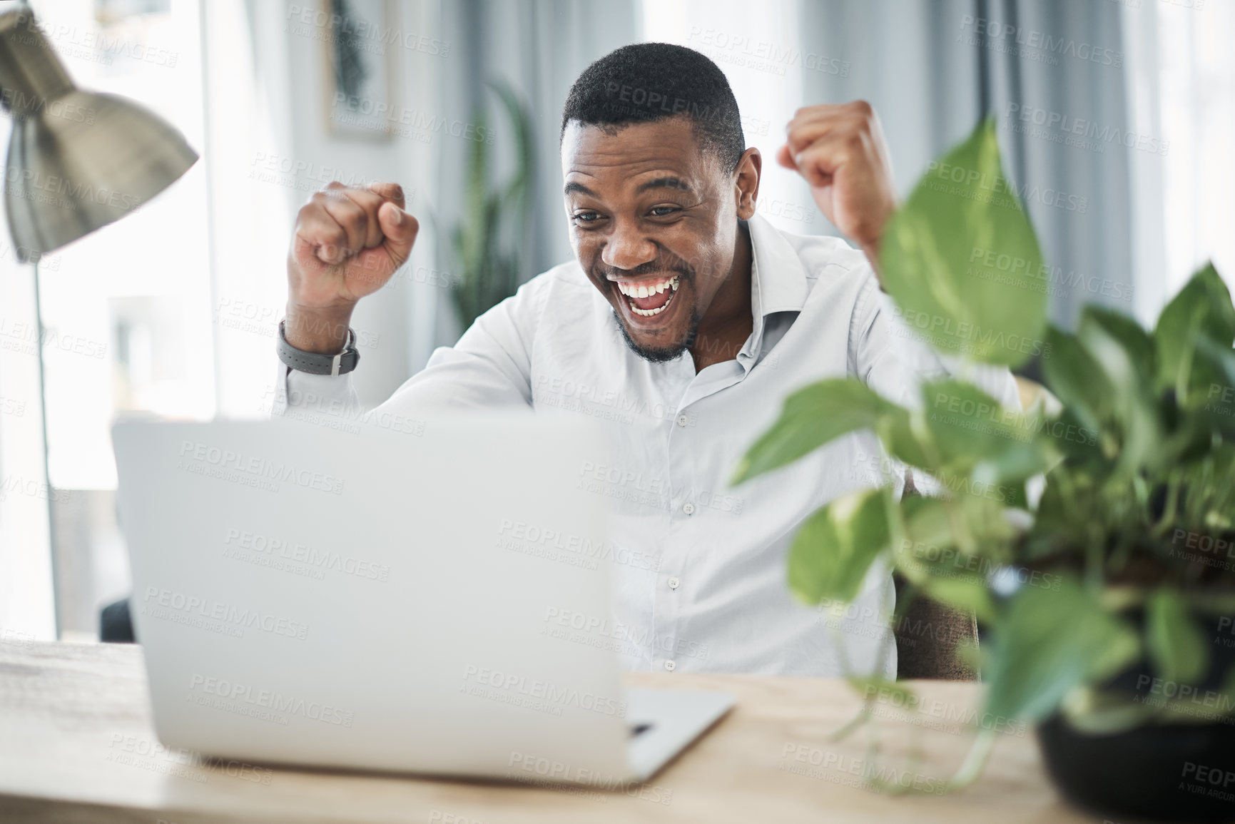 Buy stock photo Black man, laptop and celebration in house for goals, remote work and business project with success. Human resources, tech and excited for freelance job, networking achievement and talent acquisition