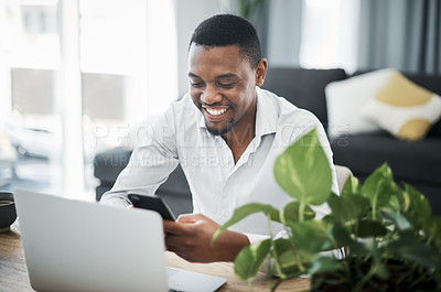 Buy stock photo Black man, mobile and happy in house for remote work, communication and business email with coffee. Human resources, technology and smile for freelance job, social networking and talent acquisition