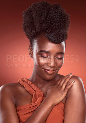 Buy stock photo Makeup, skincare and beauty of black woman in studio for wellness or aesthetic isolated on a red background. Eyes closed, fashion and cosmetics of African model for shine, glow or healthy dermatology