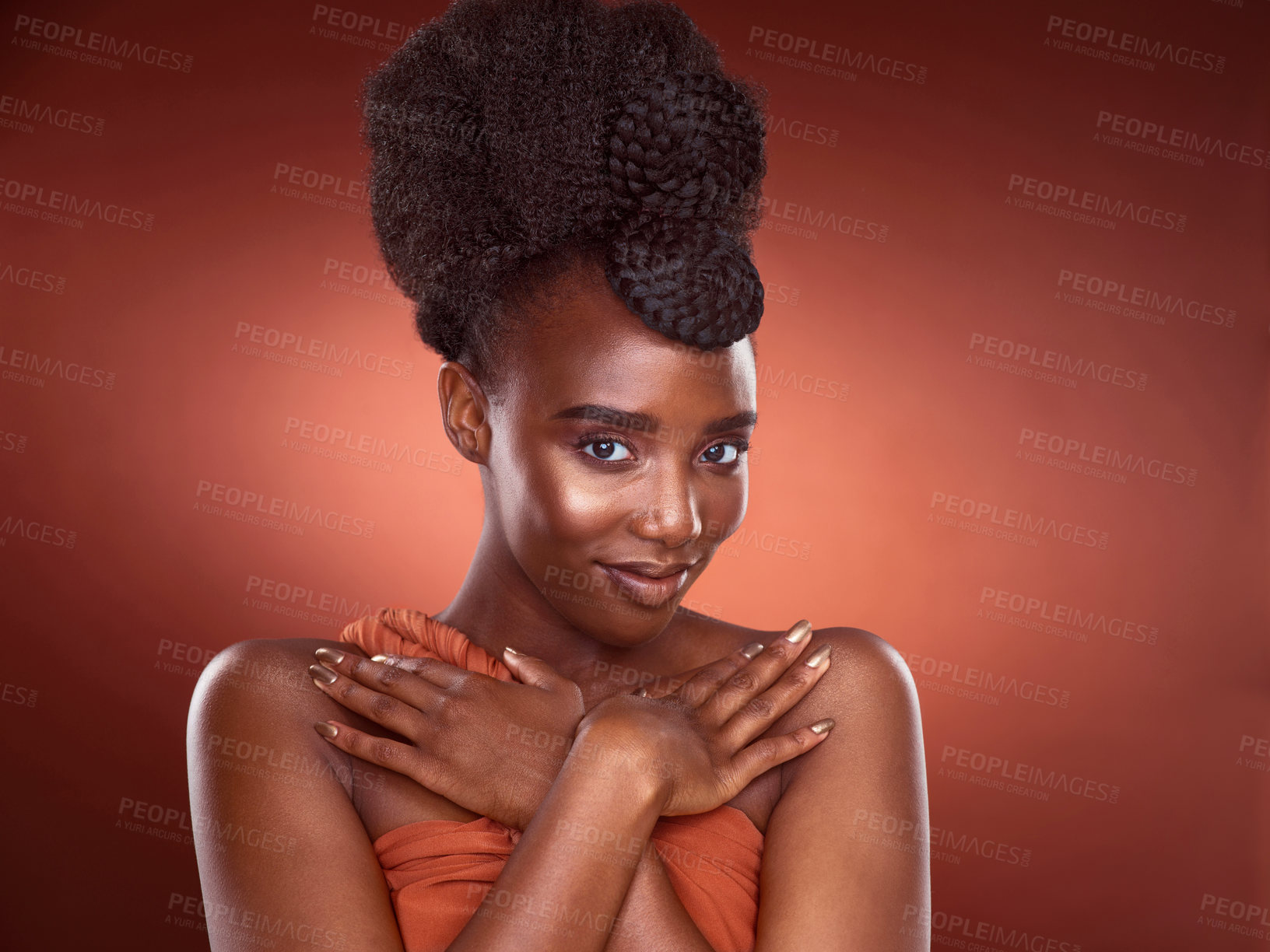 Buy stock photo Portrait, makeup and beauty of black woman in studio for wellness, skincare or aesthetic isolated on red background. Face, fashion and cosmetics of confident African model for shine, glow or braids