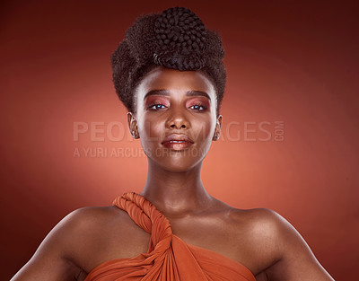 Buy stock photo Portrait, haircare and African woman in studio, confidence and mockup for braids, creative and culture. Background, elegant and texture of hair, salon and treatment for shine, health and self care