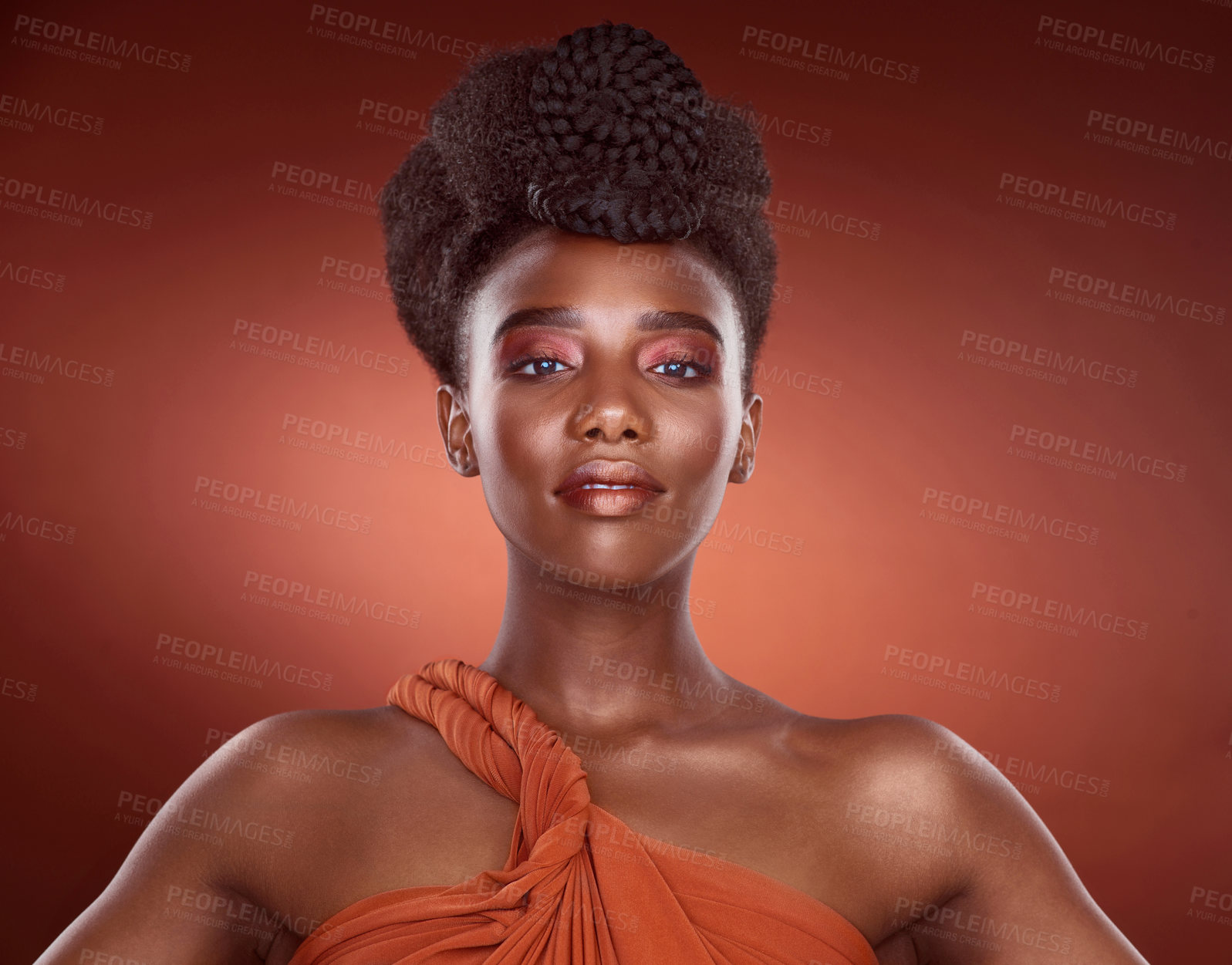 Buy stock photo Portrait, haircare and African woman in studio, confidence and mockup for braids, creative and culture. Background, elegant and texture of hair, salon and treatment for shine, health and self care