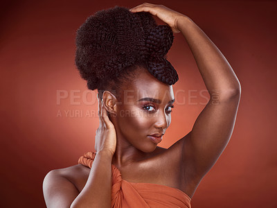 Buy stock photo Portrait, haircare and African woman with confidence, proud and mockup for braids, creative and culture. Background, elegant and texture of hair, salon and treatment for shine, health and self care