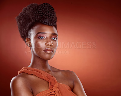 Buy stock photo Portrait, haircare and African woman with texture, confidence and mockup for braids, creative and culture. Background, elegant and self care of hair, salon and makeup with shine, health and studio