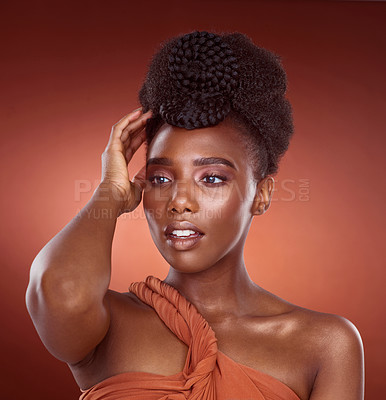 Buy stock photo Hand, haircare and African woman in studio, confidence and mockup for braids, creative and culture. Background, elegant and texture of hair, salon and treatment for shine, health and self care