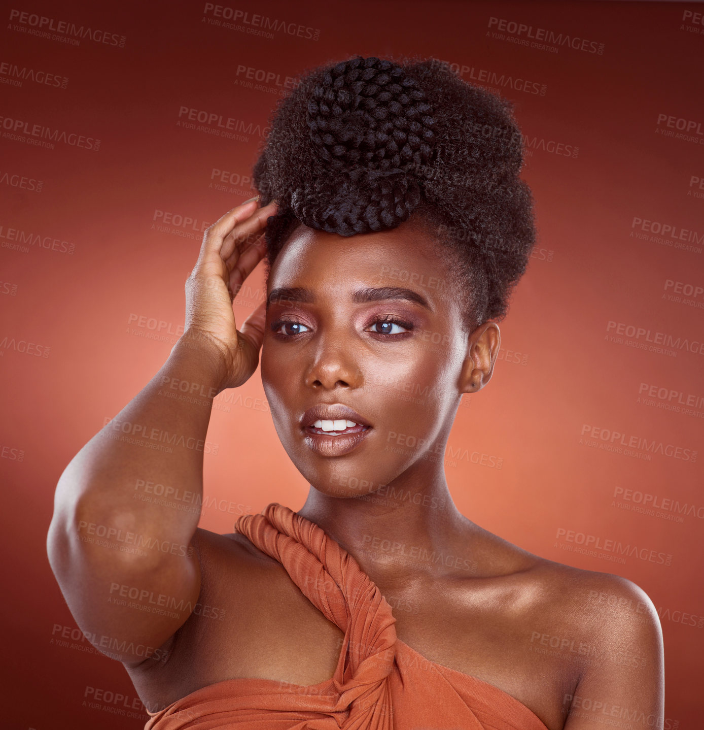 Buy stock photo Hand, haircare and African woman in studio, confidence and mockup for braids, creative and culture. Background, elegant and texture of hair, salon and treatment for shine, health and self care