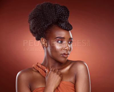 Buy stock photo Natural, haircare and African woman in studio, confidence and mockup for braids, creative and culture. Background, elegant and texture of hair, salon and treatment for shine, health and self care