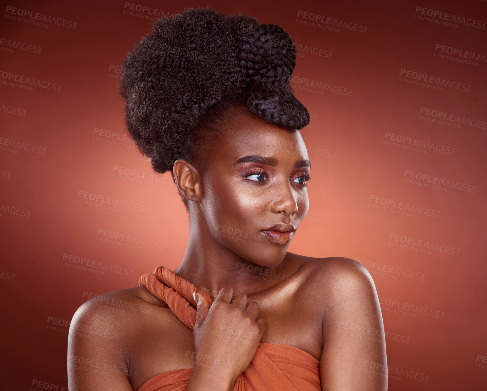 Buy stock photo Natural, haircare and African woman in studio, confidence and mockup for braids, creative and culture. Background, elegant and texture of hair, salon and treatment for shine, health and self care