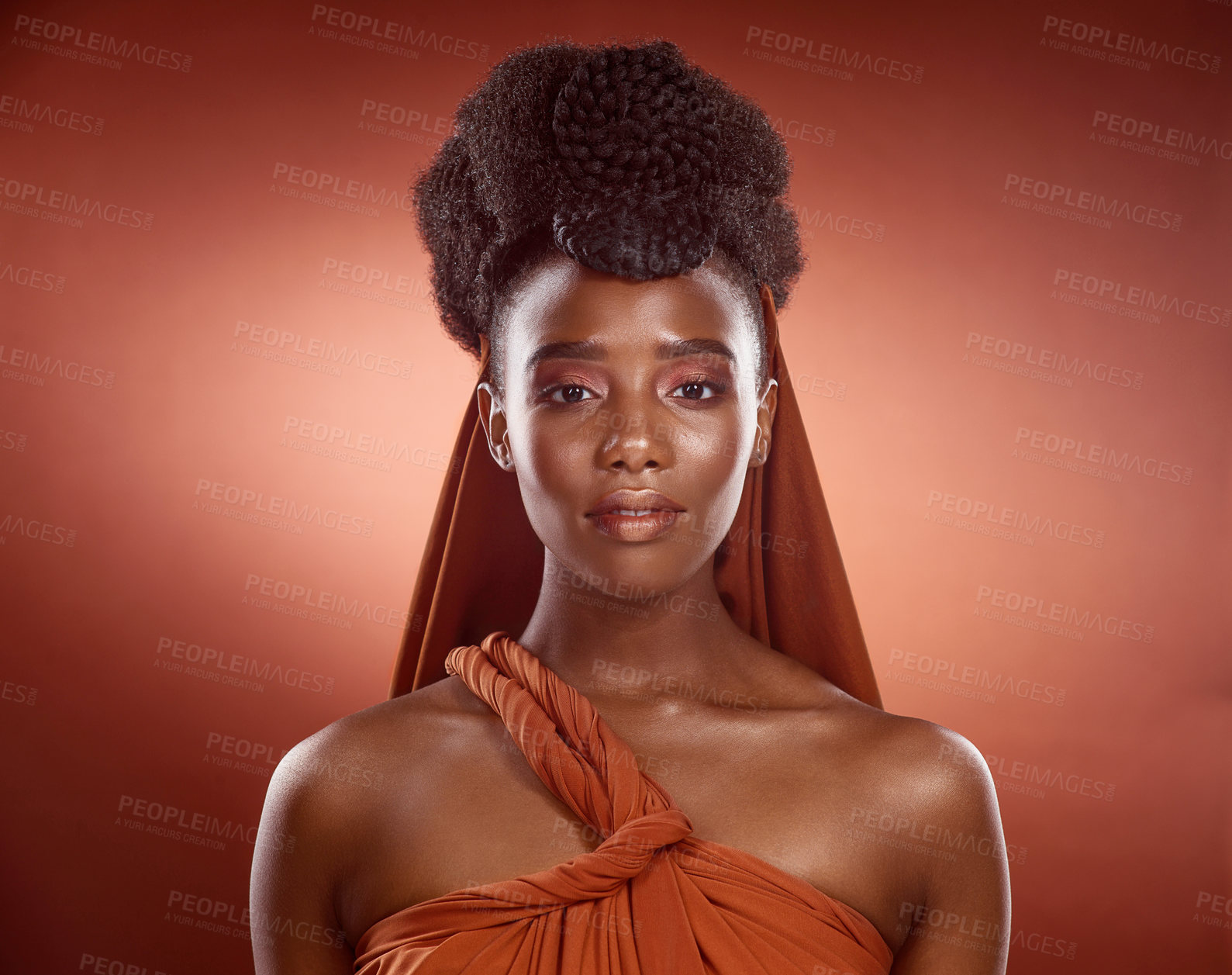 Buy stock photo Black woman, portrait and afro beauty or skincare glow on red background, heritage or creative. Female person, face and studio with mockup space or cosmetics pride for shine, dermatology or hairstyle