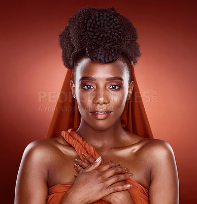 Buy stock photo Portrait, fashion and beauty of black woman with hair, glow or elegant braids isolated on red background. African culture, hairstyle and face of confident model in makeup cosmetics for skin aesthetic