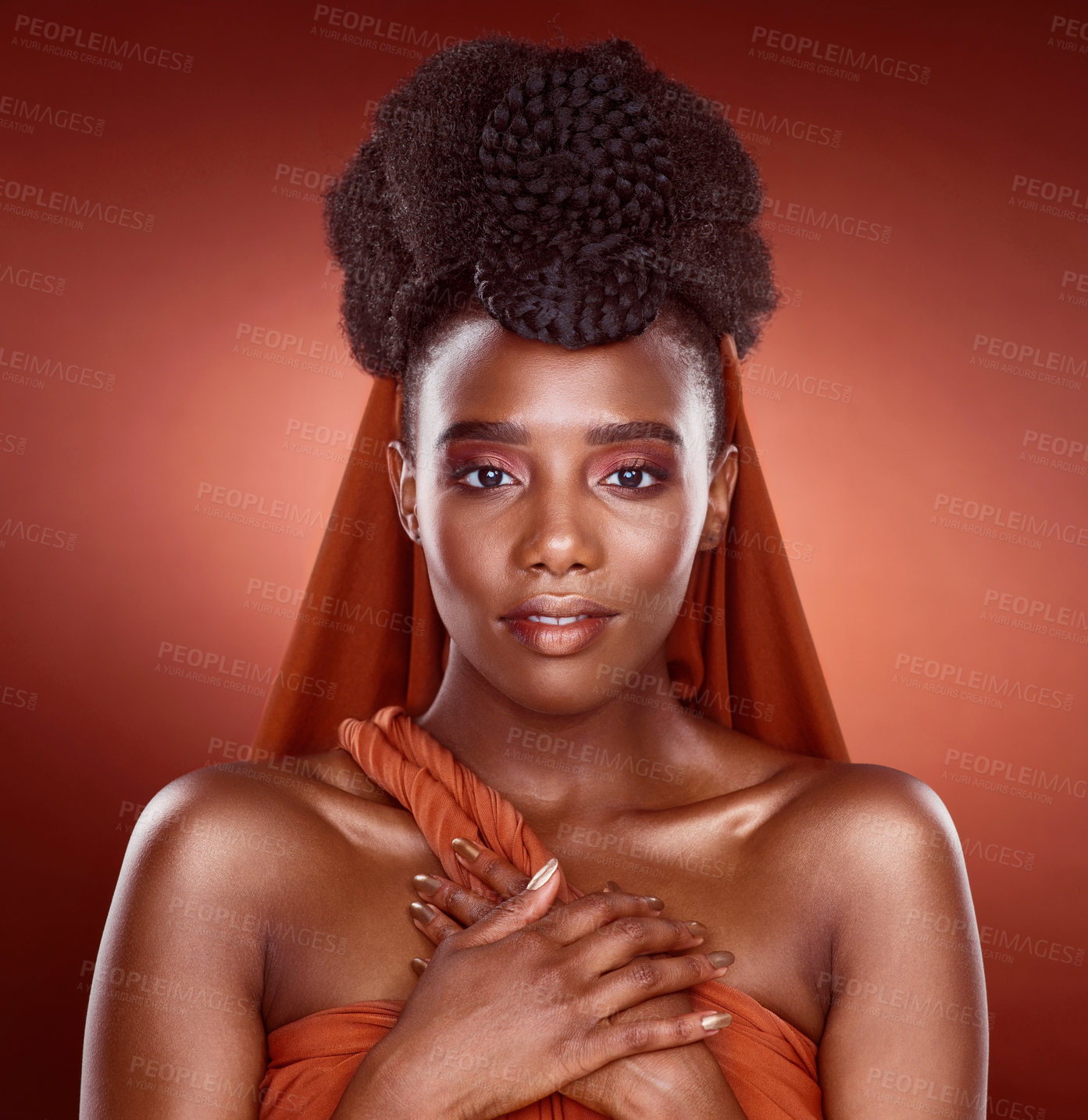 Buy stock photo Portrait, fashion and beauty of black woman with hair, glow or elegant braids isolated on red background. African culture, hairstyle and face of confident model in makeup cosmetics for skin aesthetic