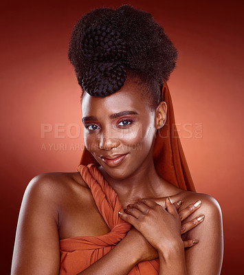 Buy stock photo Portrait, skincare and beauty of black woman with glow, fashion or elegant braids isolated on red studio background. African culture, hairstyle and face of model in makeup cosmetics for pride or care