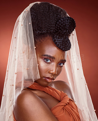 Buy stock photo Portrait, black woman and hair care with scarf or veil in glow, makeup or fashion with texture or volume. African, female person and pride for style, trend and design for beauty or glamour in braids