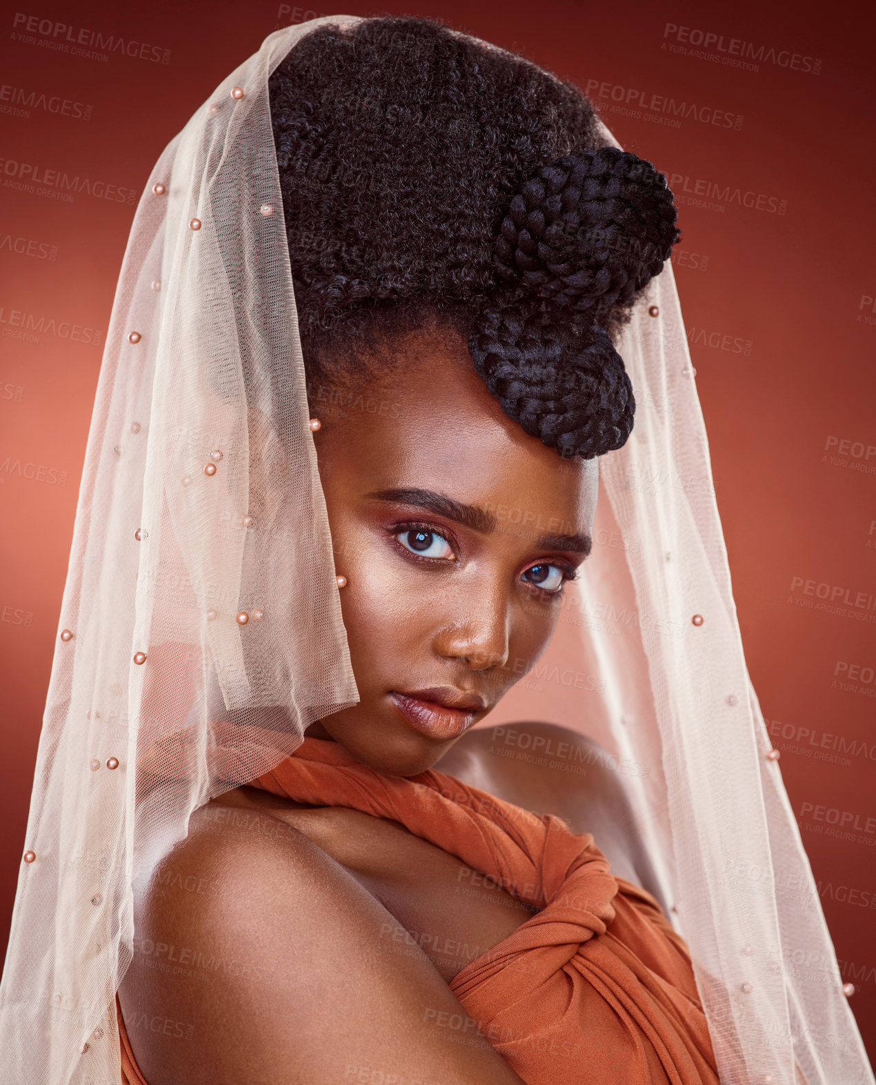 Buy stock photo Portrait, black woman and hair care with scarf or veil in glow, makeup or fashion with texture or volume. African, female person and pride for style, trend and design for beauty or glamour in braids