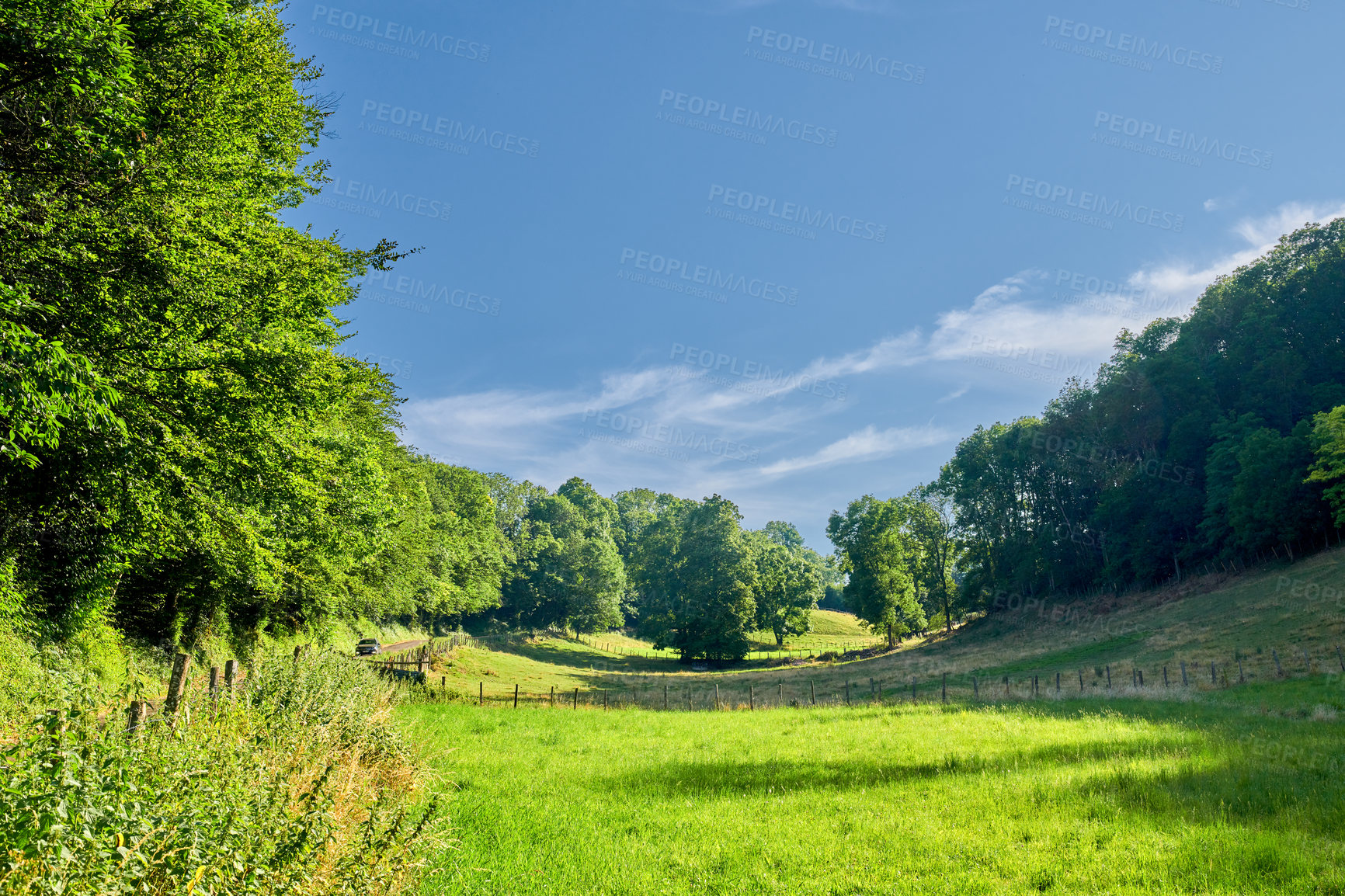 Buy stock photo Green forest against blue sky, farmland close to Lyon, France