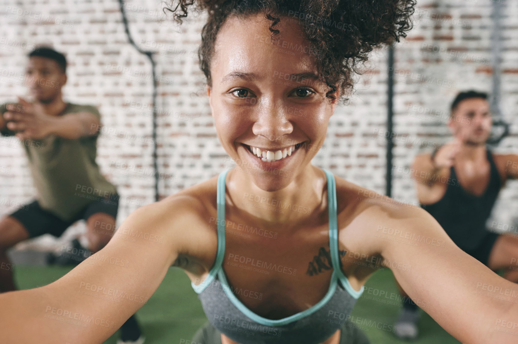 Buy stock photo Fitness, selfie and portrait of woman in gym for memory after training, exercise and wellness with weights. Sports, squat and friends with photo for social media, workout update and post for health