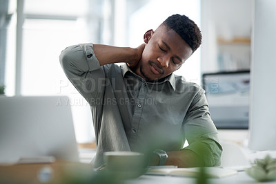 Buy stock photo Black man, neck pain and stress in office from burnout, anxiety or overworked pressure and debt. Tired or frustrated African male person in fatigue, discomfort or joint injury at the workplace