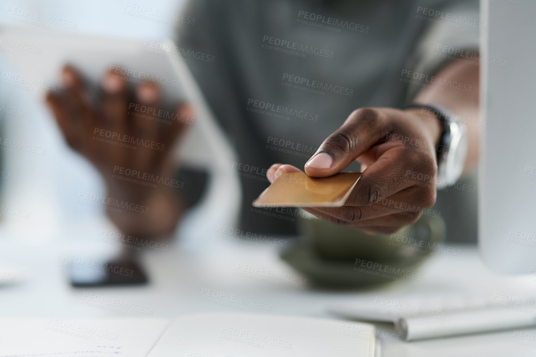 Buy stock photo Man, hands and credit card in finance for ecommerce, payment or internet banking on office desk. Hand of male person showing debit for online shopping, purchase or wireless transaction at workplace
