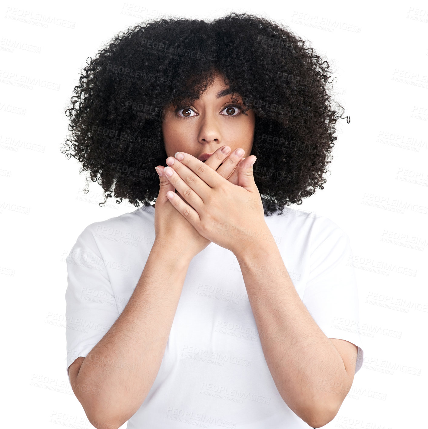 Buy stock photo Studio shot of an attractive young woman looking shocked against a white background